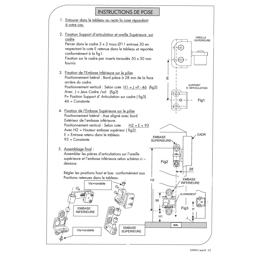 Kit gonds 1 vantail haut et bas avec variateur de pente pour portail battant