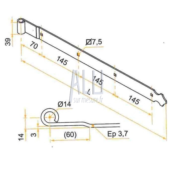 penture droite en aluminium 2 trous bout feston pour volets