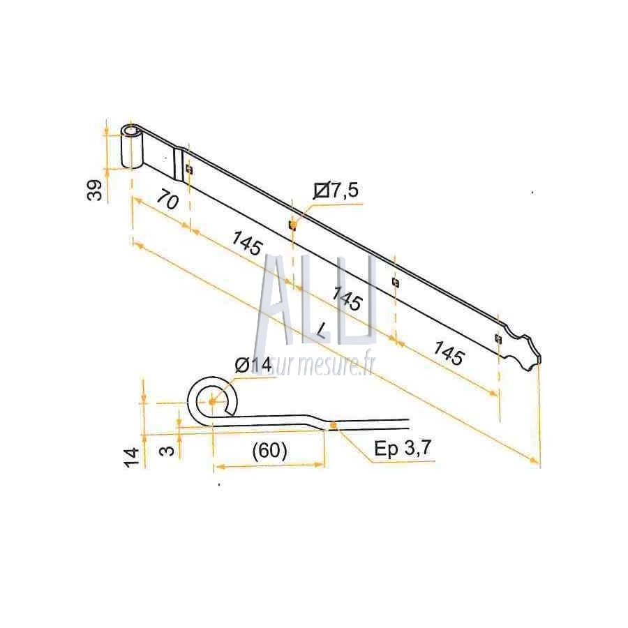 penture droite en aluminium 2 trous bout feston pour volets