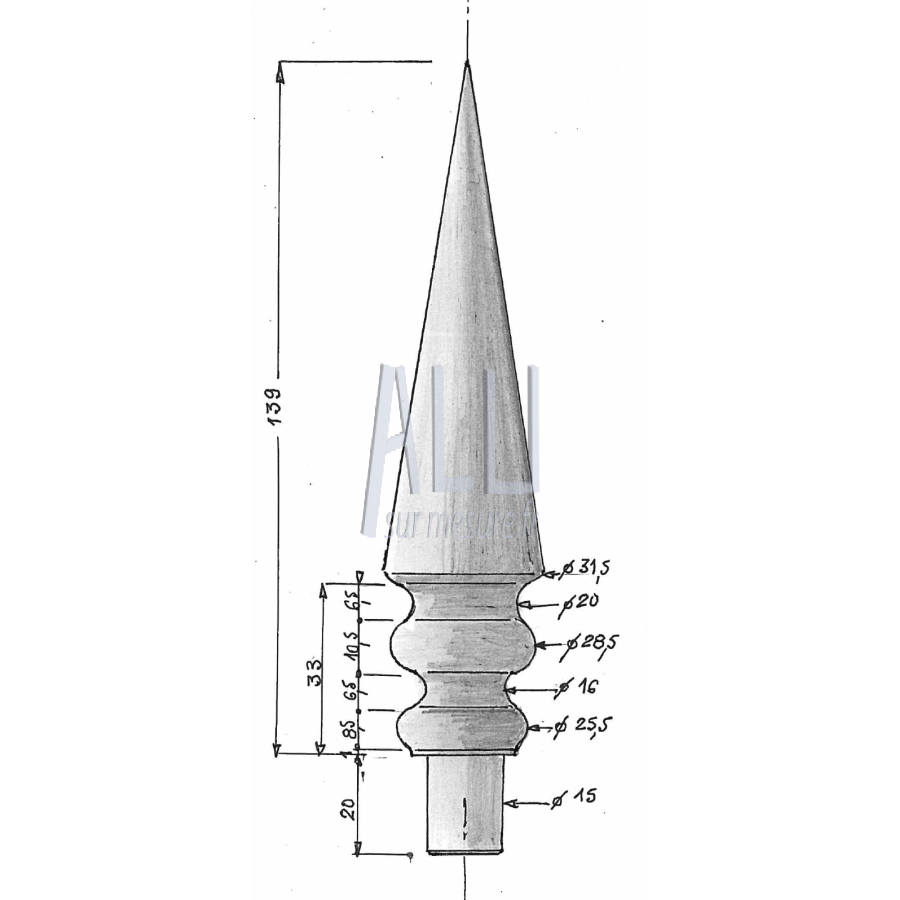 pointe de lance ref 6 v en aluminium pour portails et grilles