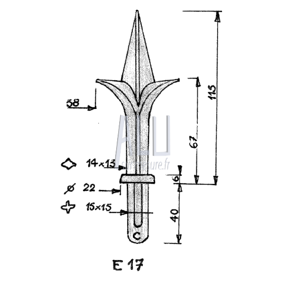 Fer de lance fleur de lys ref E 17 en aluminium pour portails et grilles