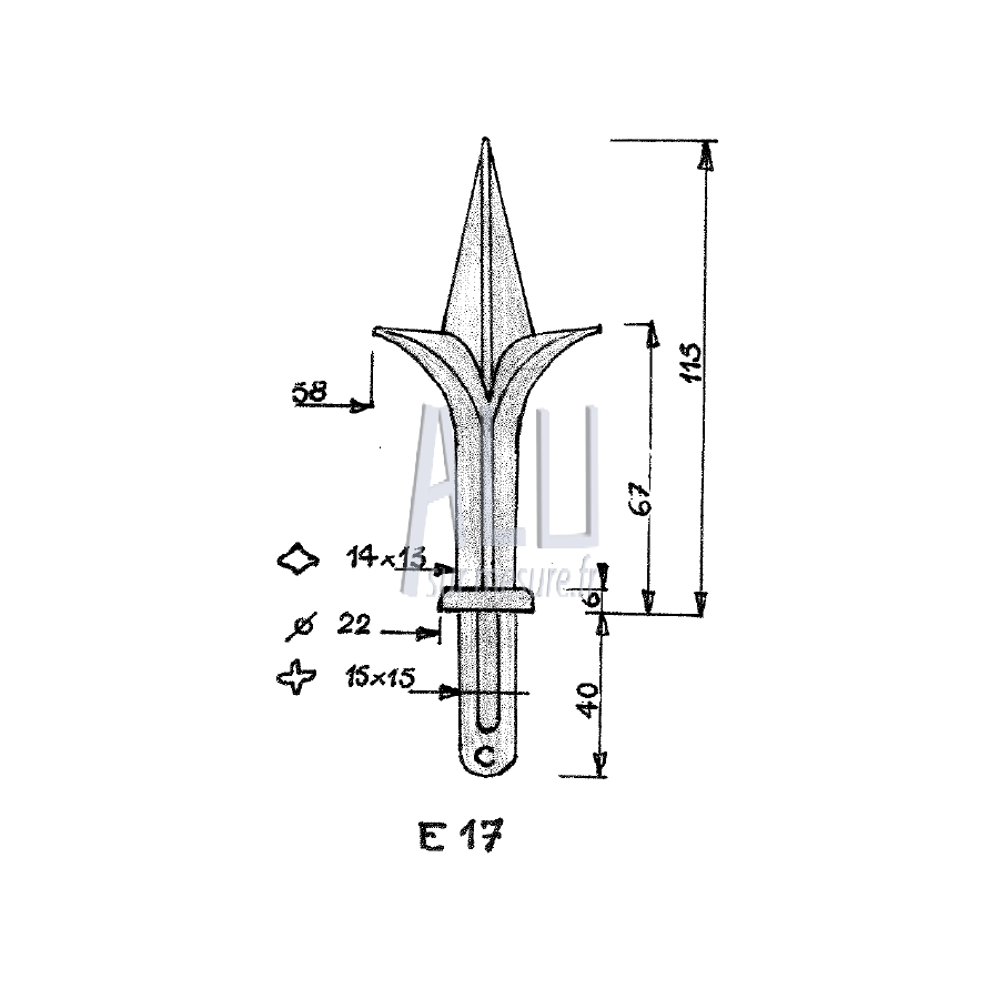 Fer de lance fleur de lys ref E 17 en aluminium pour portails et grilles