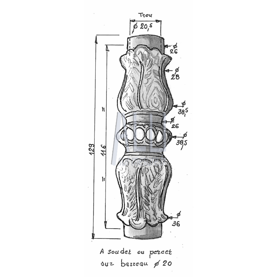 garniture creuse de barreaux diam 20 décorative en aluminium ref mdb monobloc