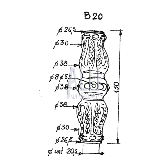 demie garniture creuse de barreaux diam 20 ouvragée en aluminium ref B 20