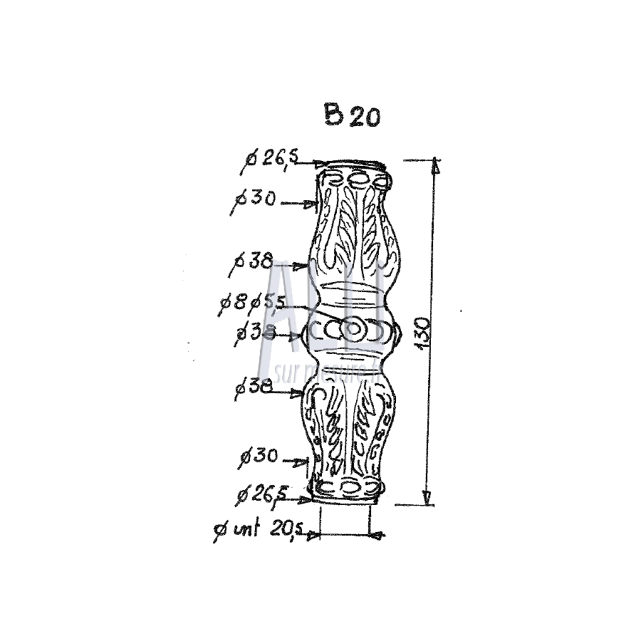 demie garniture creuse de barreaux diam 20 ouvragée en aluminium ref B 20