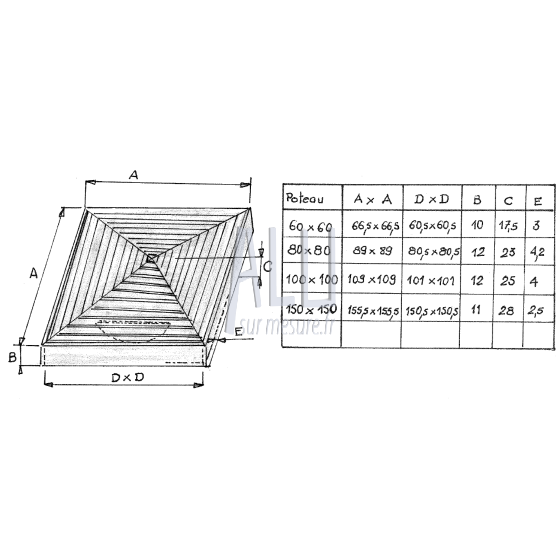 chapeau moulé 60x60 recouvrant en aluminium pour tube carré