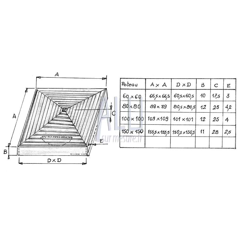 chapeau moulé 60x60 recouvrant en aluminium pour tube carré