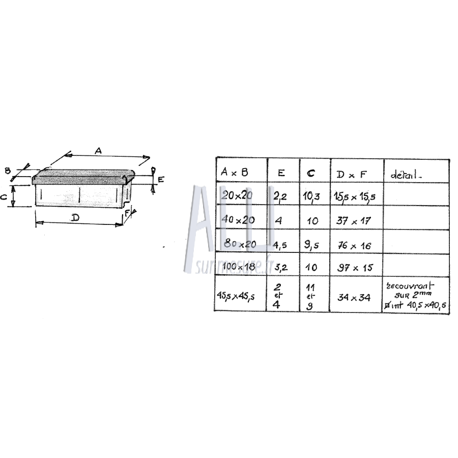 chapeau moulé plat 80x20 en aluminium pour tube rectangulaire