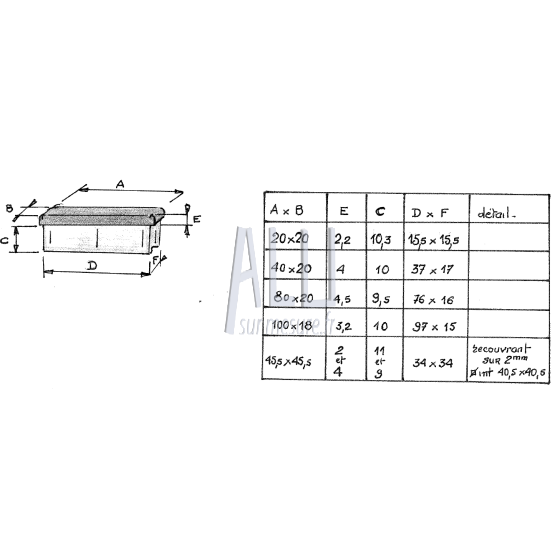 chapeau moulé plat 40x20 en aluminium pour tube rectangulaire