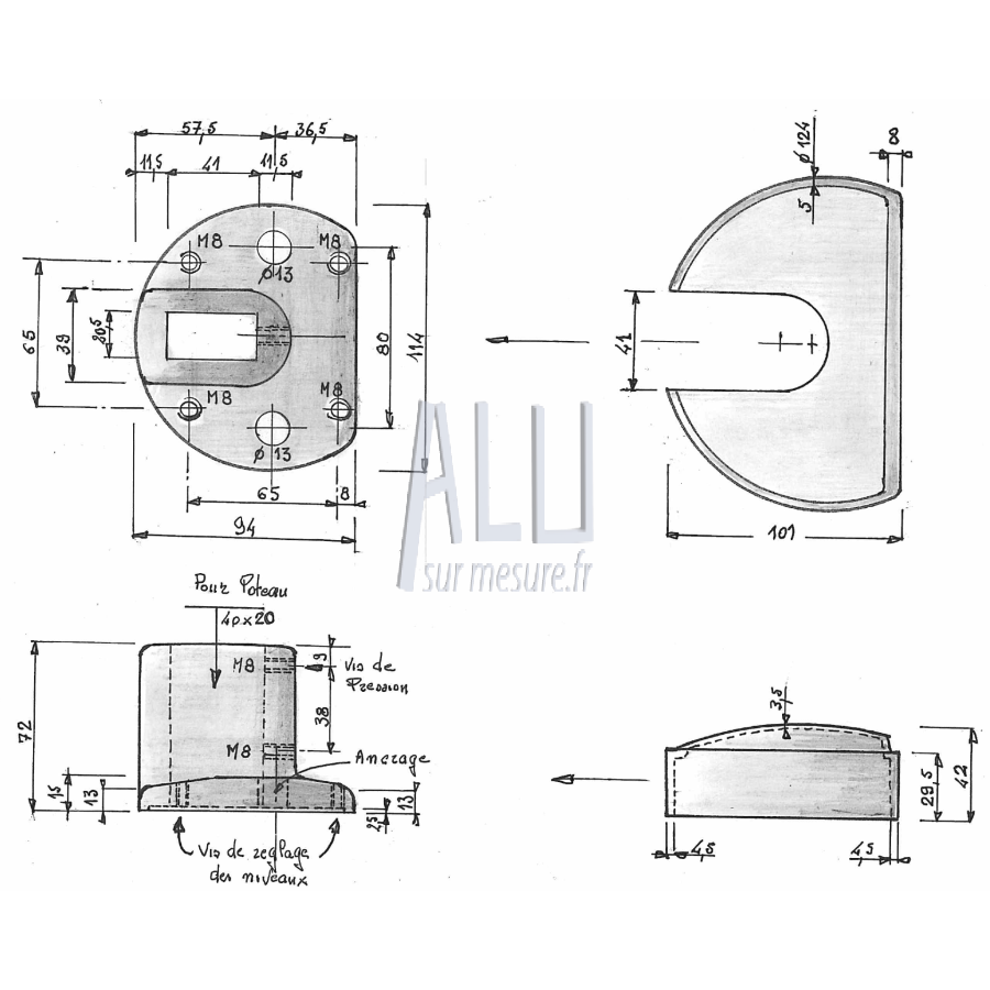 platine de fixation au sol en aluminium pour tube rectangulaire de 40x20