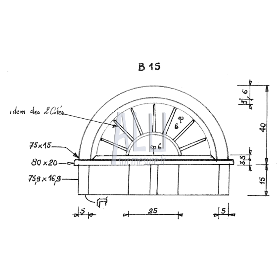 chapeau demi soleil B 15 en aluminium tube de 80x20 pour portails et clotures