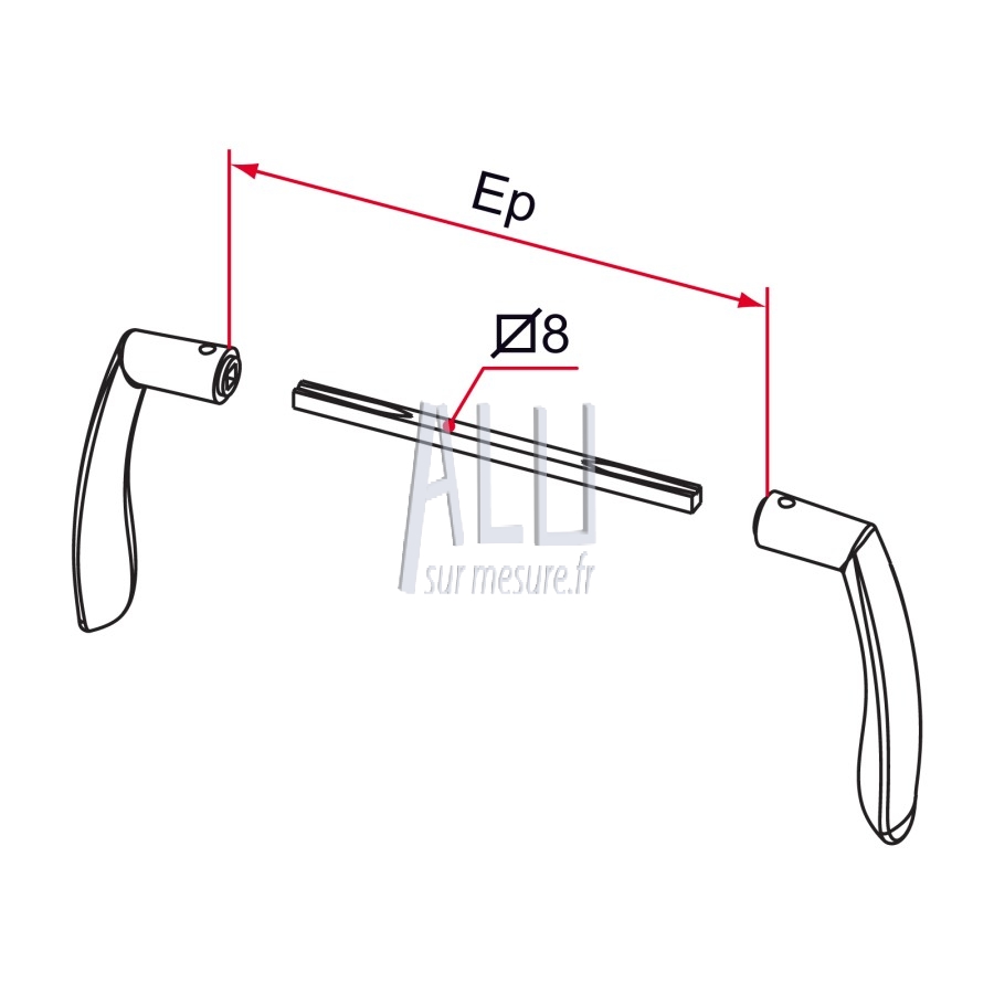 Poignée double fonte d'alu + carré rainuré de 8 mm inox pour portail manuel