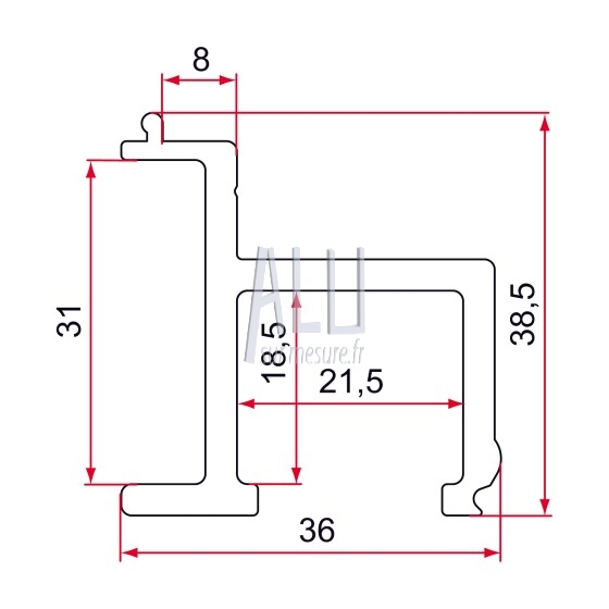 Rail alu de guidage haut portail alu 36x36x3 mm