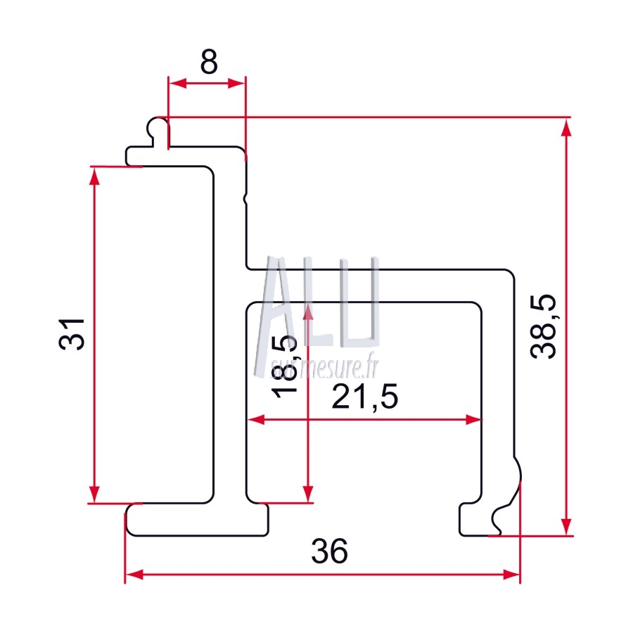 Rail alu de guidage haut portail alu 36x36x3 mm