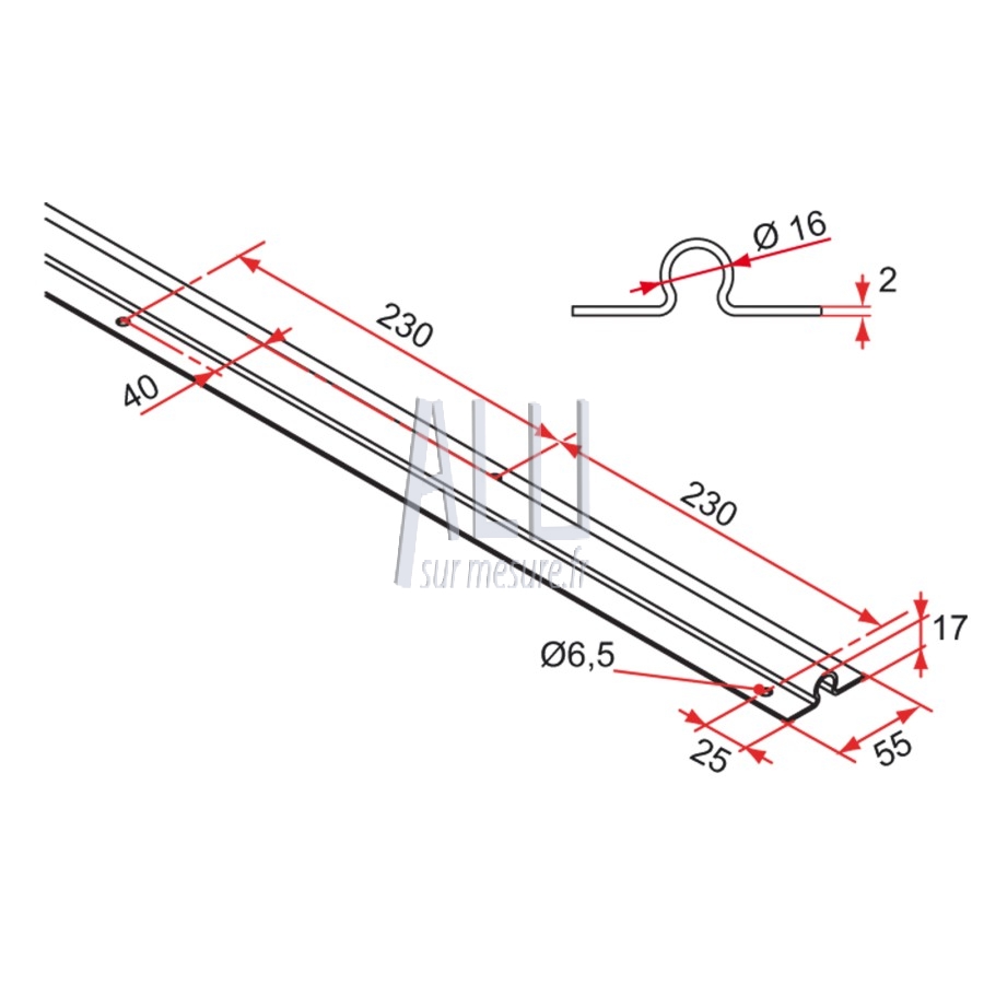 Rail de sol en oméga 16 mm acier galva lg 3000 portail coulissant